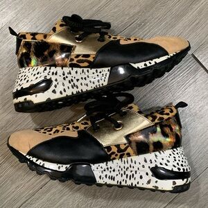STEVE MADDEN Cliff Animal Print Cow Hair Metallic Platform Fashion Sneakers